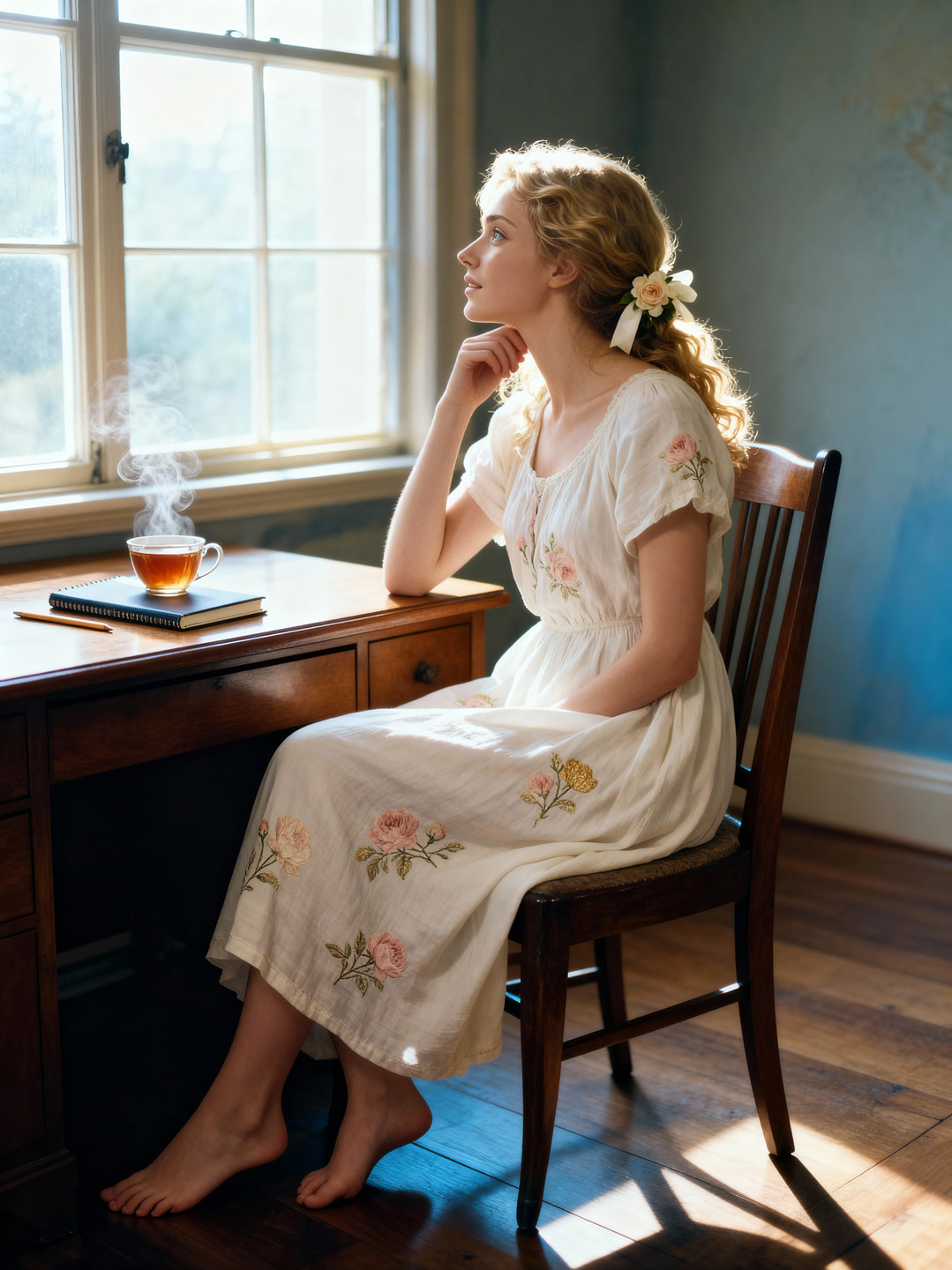 Quiet portrait vignette of a window and chair, light on paper; the feeling of being seen.