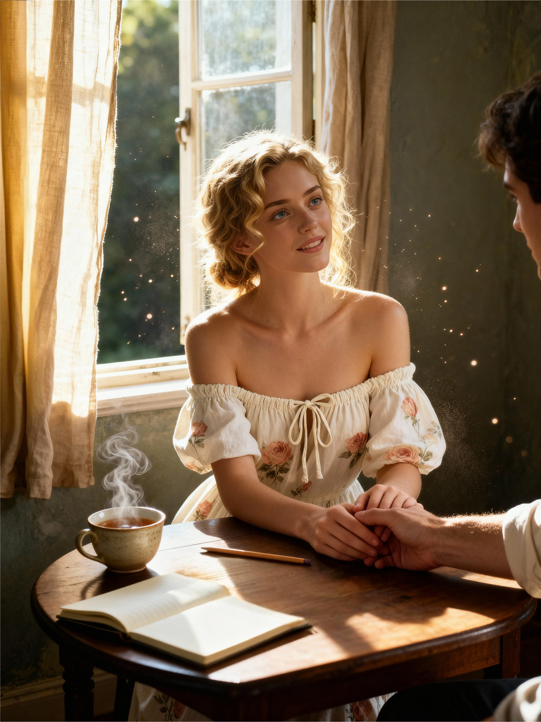 Two hands meeting gently at the edge of a table; tea and notebook nearby.