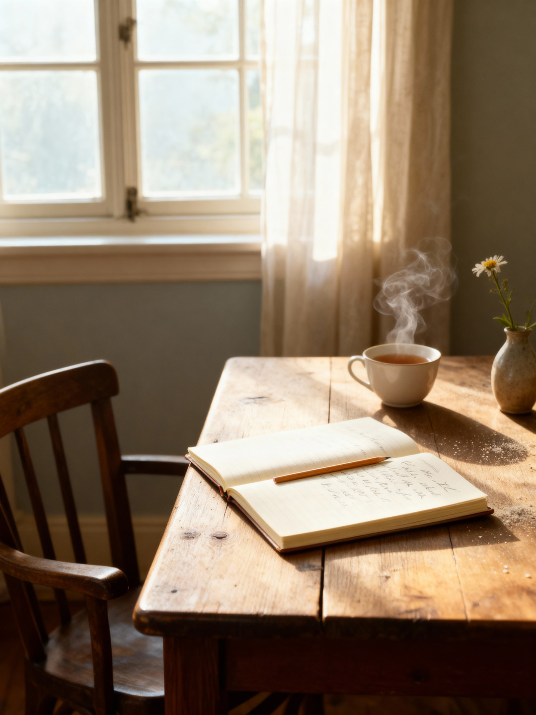 Morning light across a wooden table beside a window; an open notebook with pencil and a cup of tea sending up gentle steam.