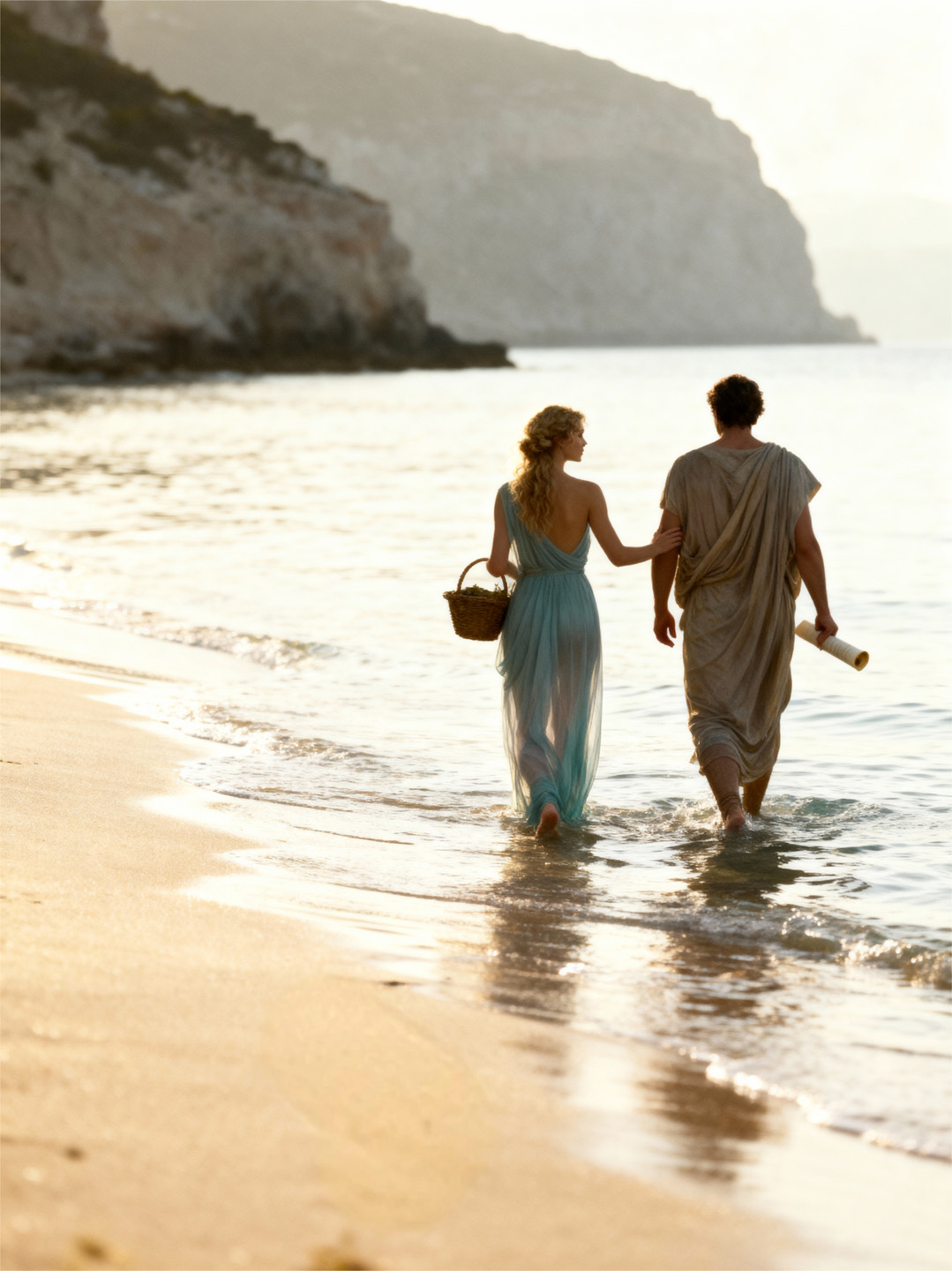 Two small figures walking along a coastal path under wide blue sky.