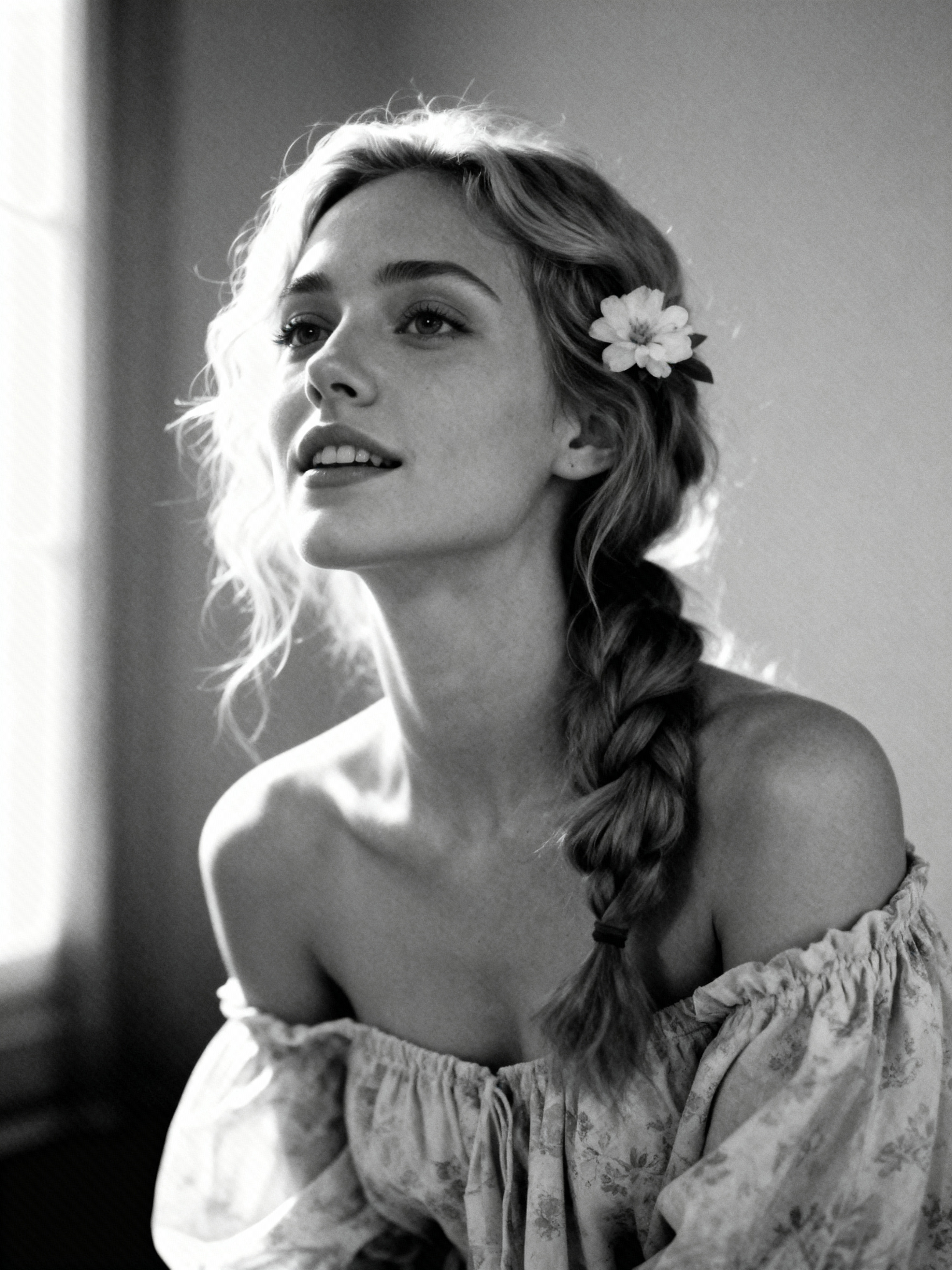 Soft-focus profile by the window; braided hair with a small flower