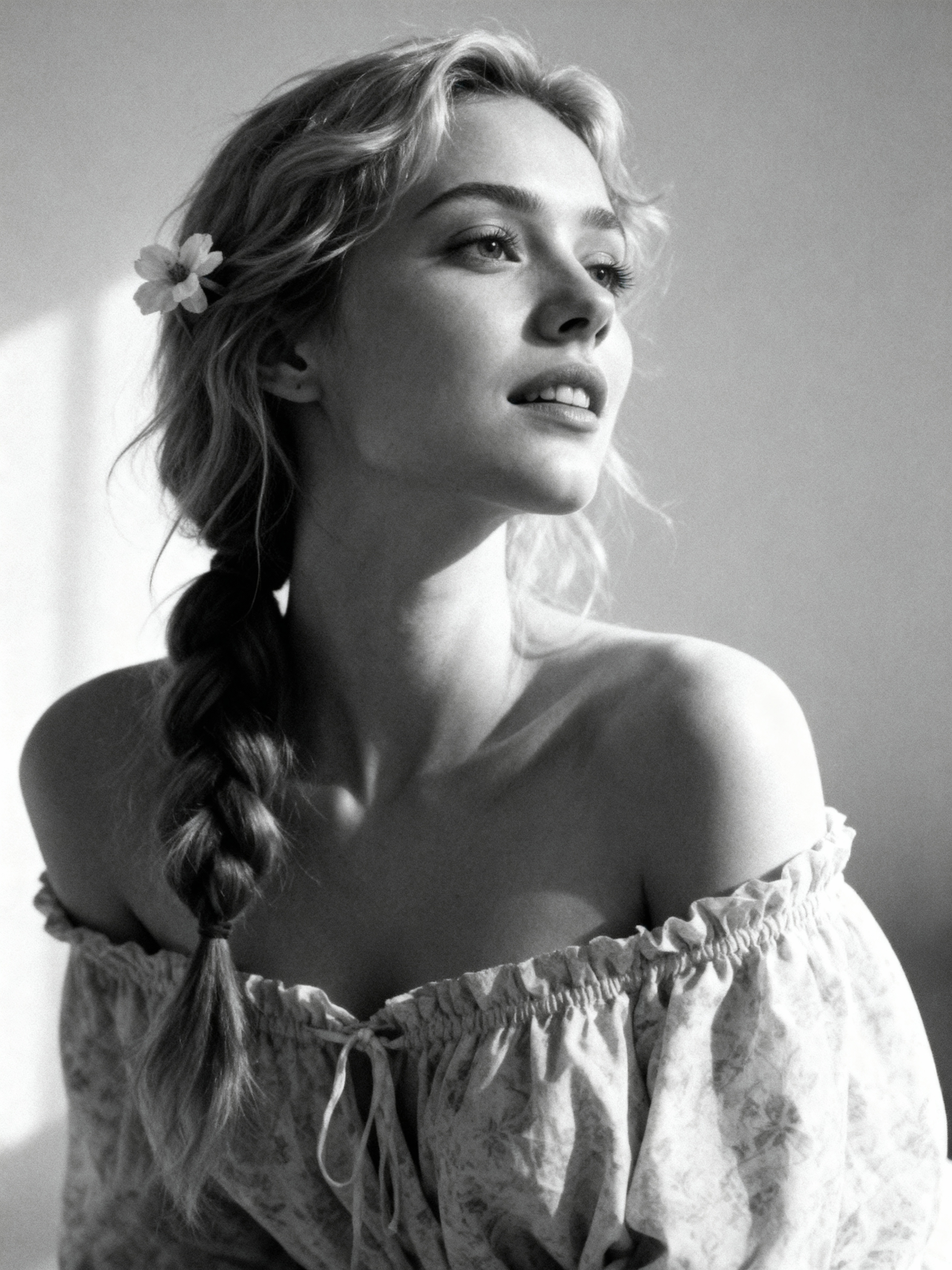 Side light across cheek and collarbone; serene mood