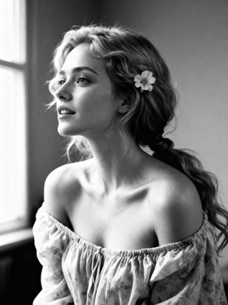 Monochrome portrait, turning toward window light.