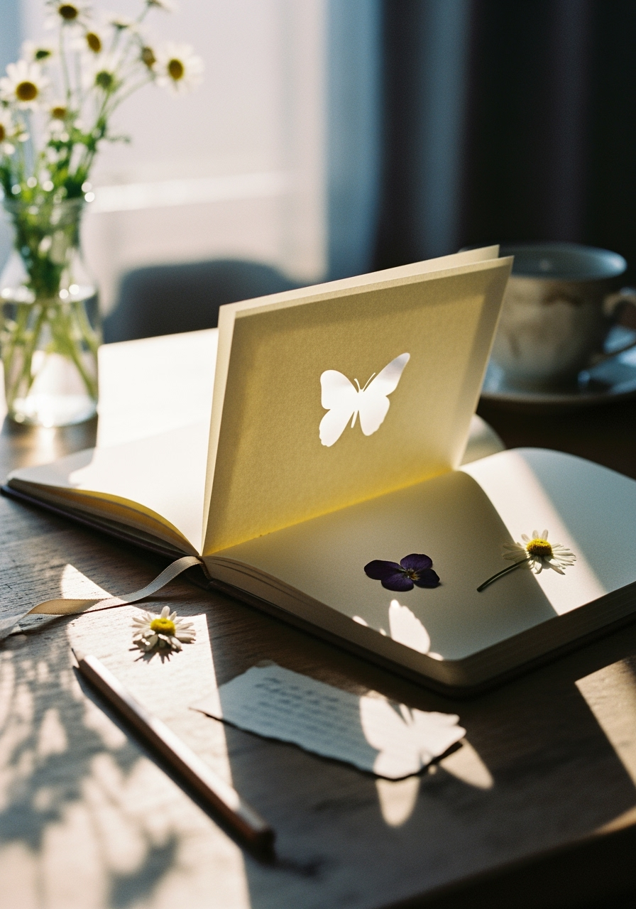 A lifted sketchbook page with butterfly cutout casting a shadow
