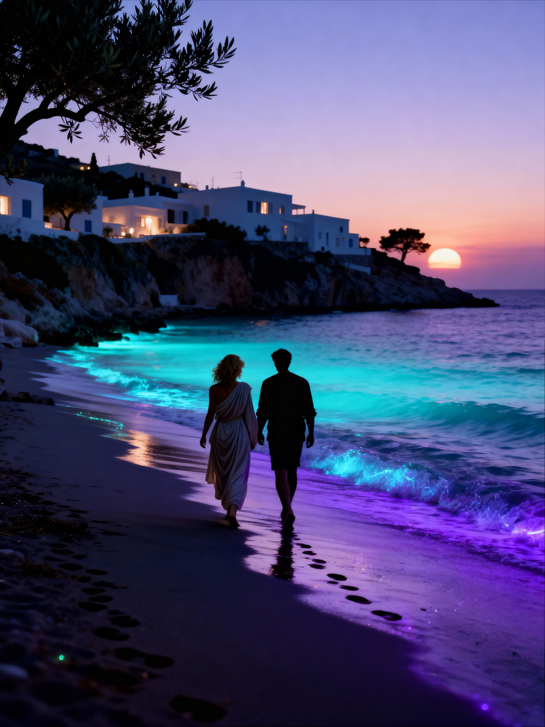 Twilight cove with bioluminescent surf, two silhouettes walking the shore