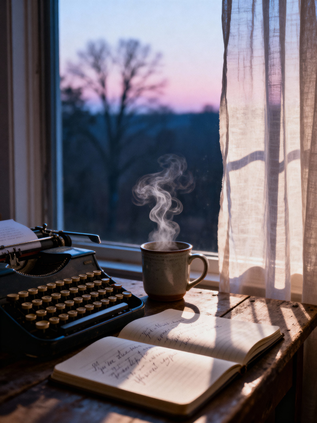 Morning Lights placeholder — dawn light and typewriter by window.