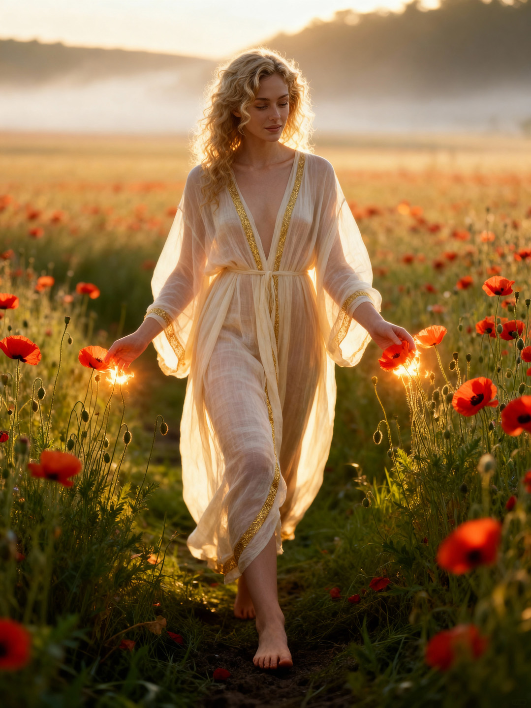 Field of poppies in warm evening light.