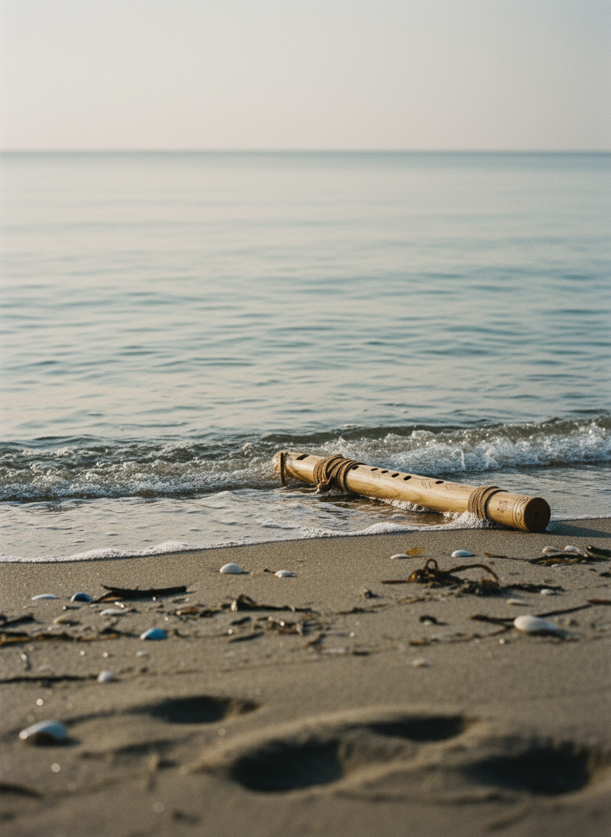 A calm shoreline with driftwood and soft foam.