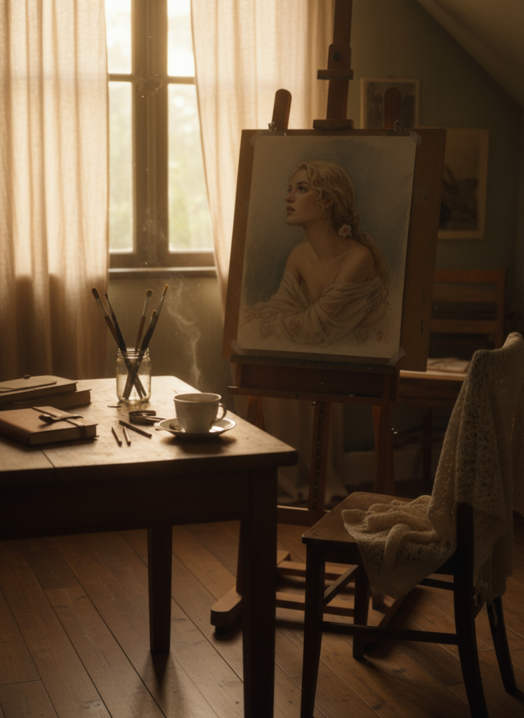 The artist’s studio at dusk, a finished portrait glowing in warm light, tea steaming softly beside scattered pencils.