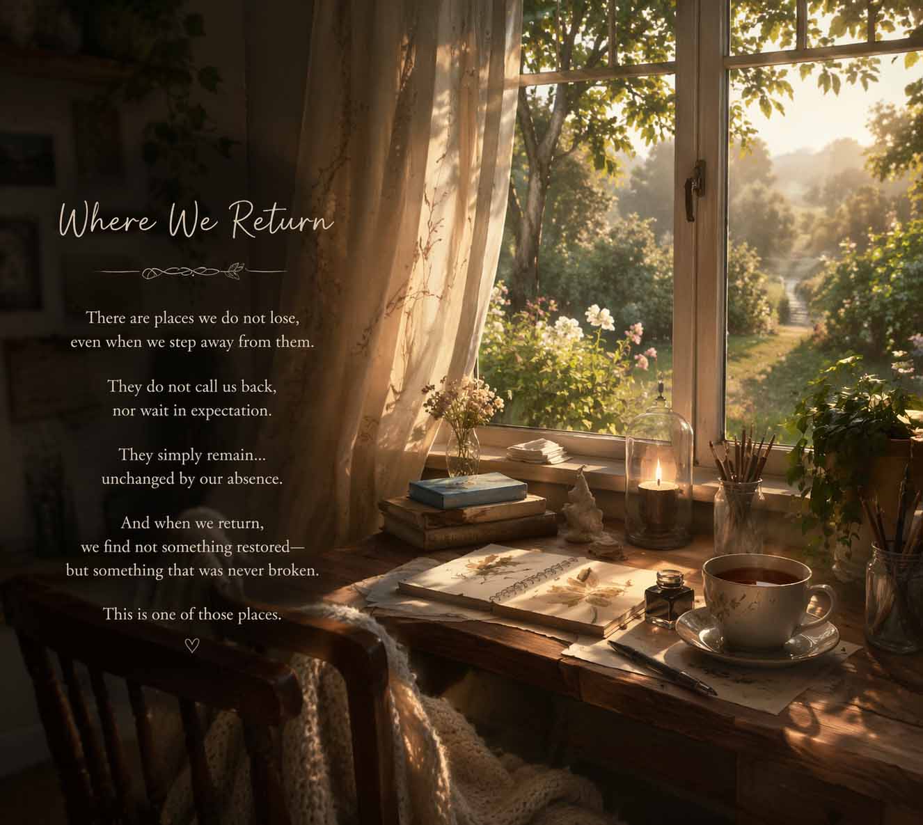 A quiet sunlit room by a window, tea resting nearby, late afternoon light.