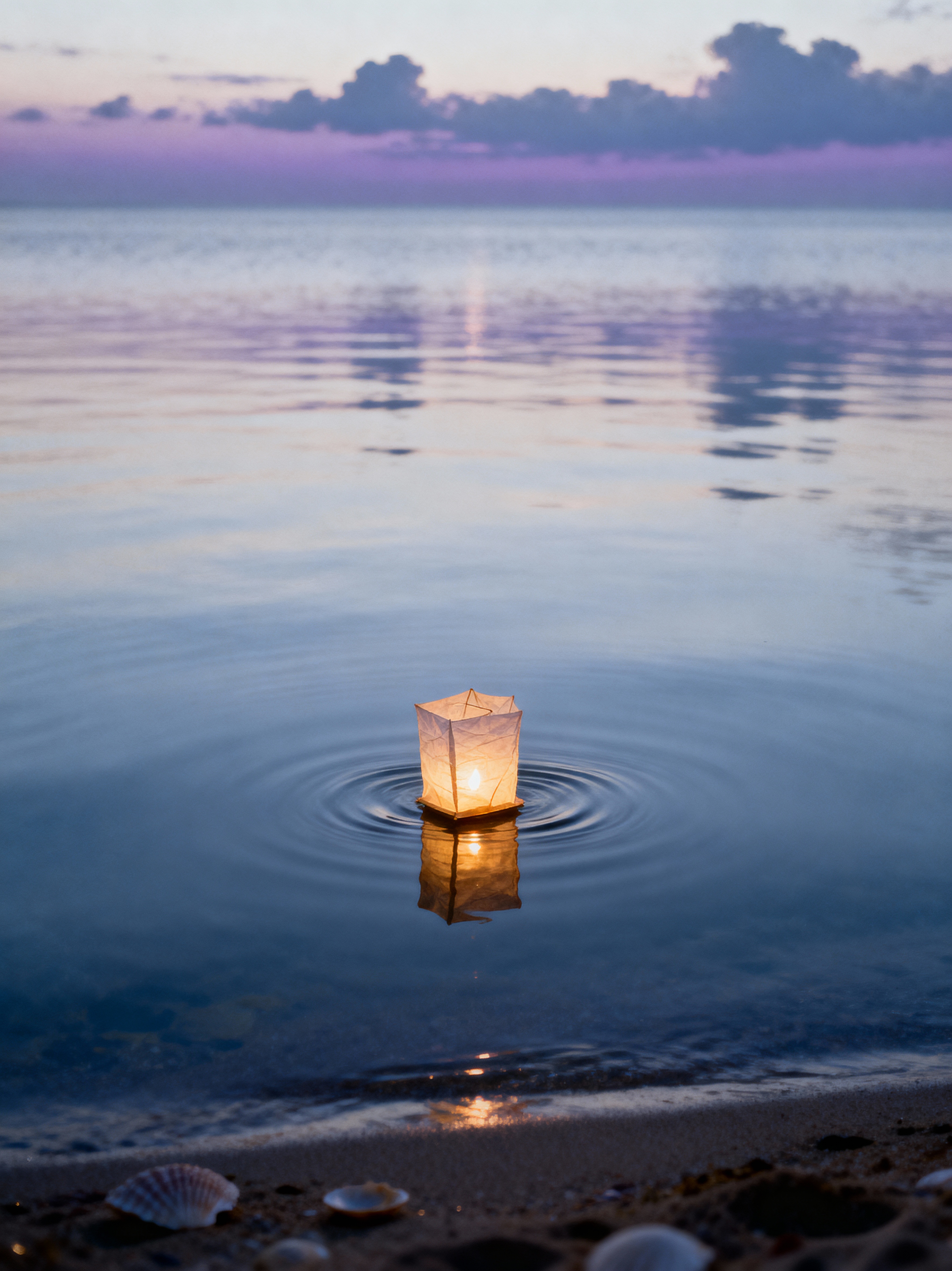 A small paper lantern drifting on calm water at blue hour
