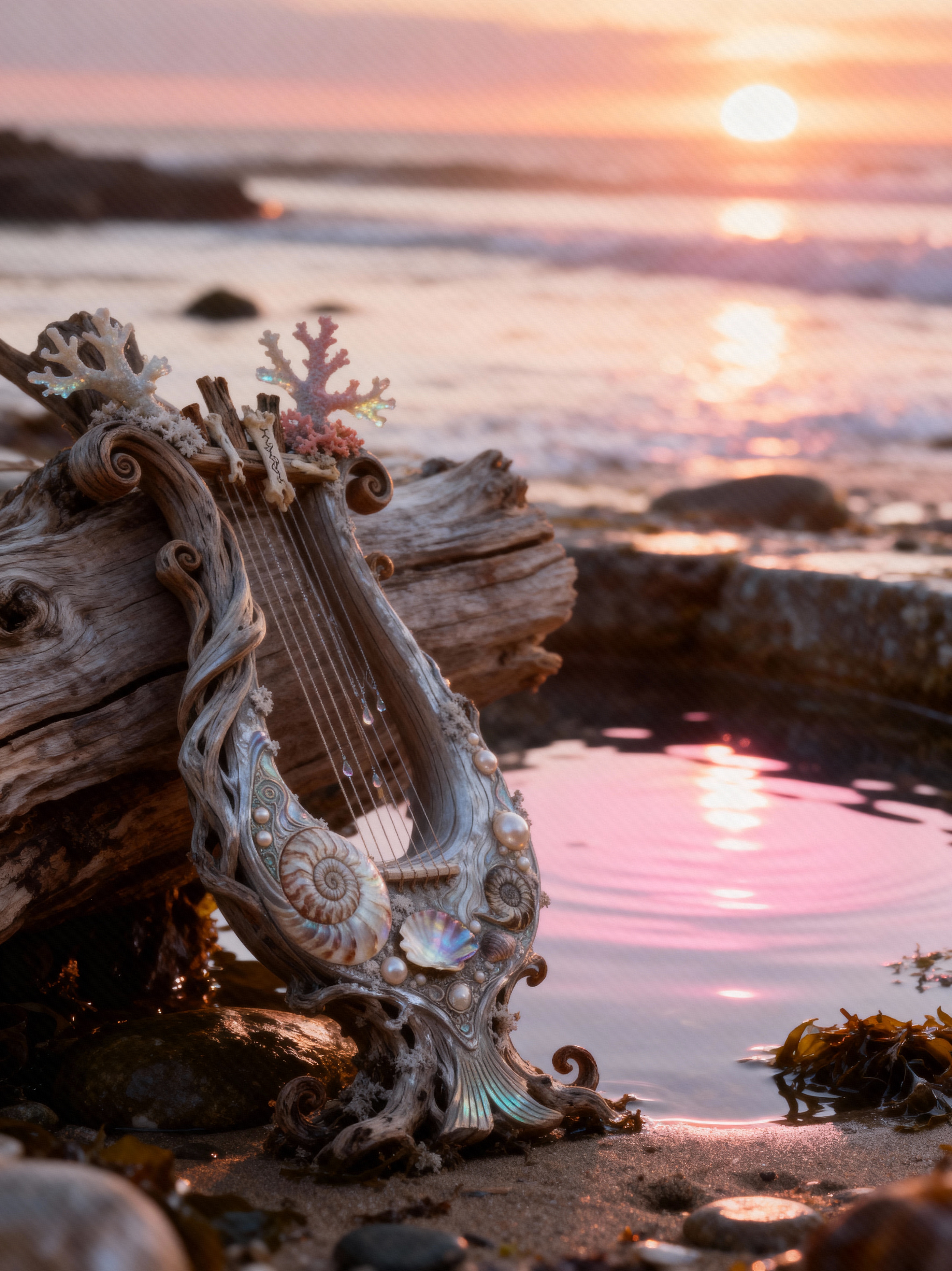 Sea-lyre resting against driftwood at dusk
