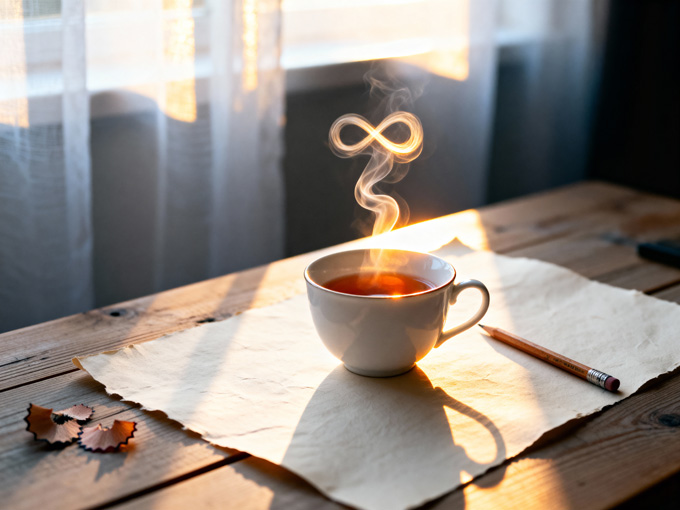 Teacup by the studio window at 4:37 pm in warm evening light.