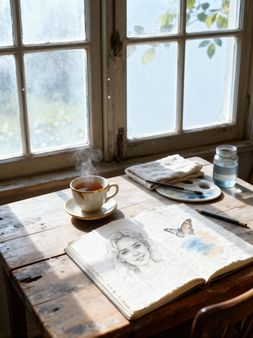Morning light on paper, a cup, and a butterfly cutout on the window table.